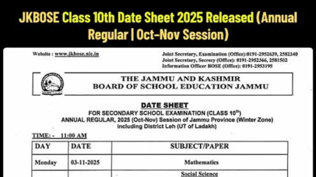 JKBOSE has released the date sheet for the 10th class