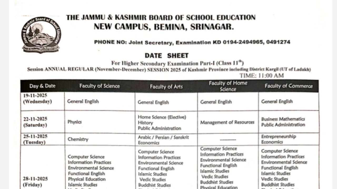 JKBOSE has released the date sheet for the 11th class annual students