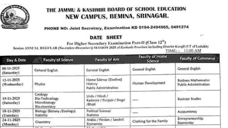 JKBOSE has released the date sheet for 12th class students